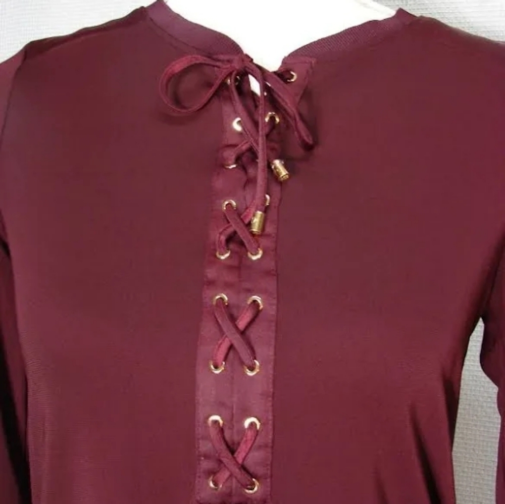 Ralph Lauren Burgundy Lace-Up Long Sleeve Top | Size S - Picture 3 of 5